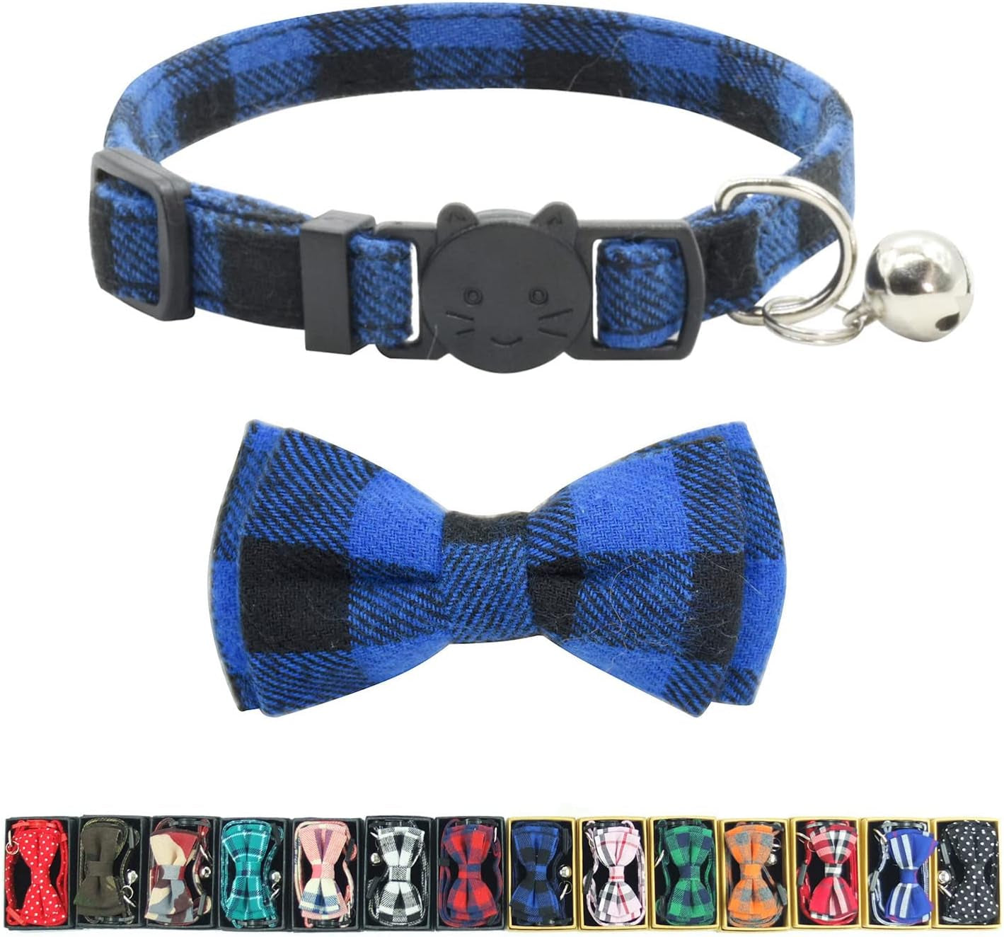 Cat Collar Breakaway with Bell and Bow Tie, Plaid Design Adjustable Safety Kitty Kitten Collars