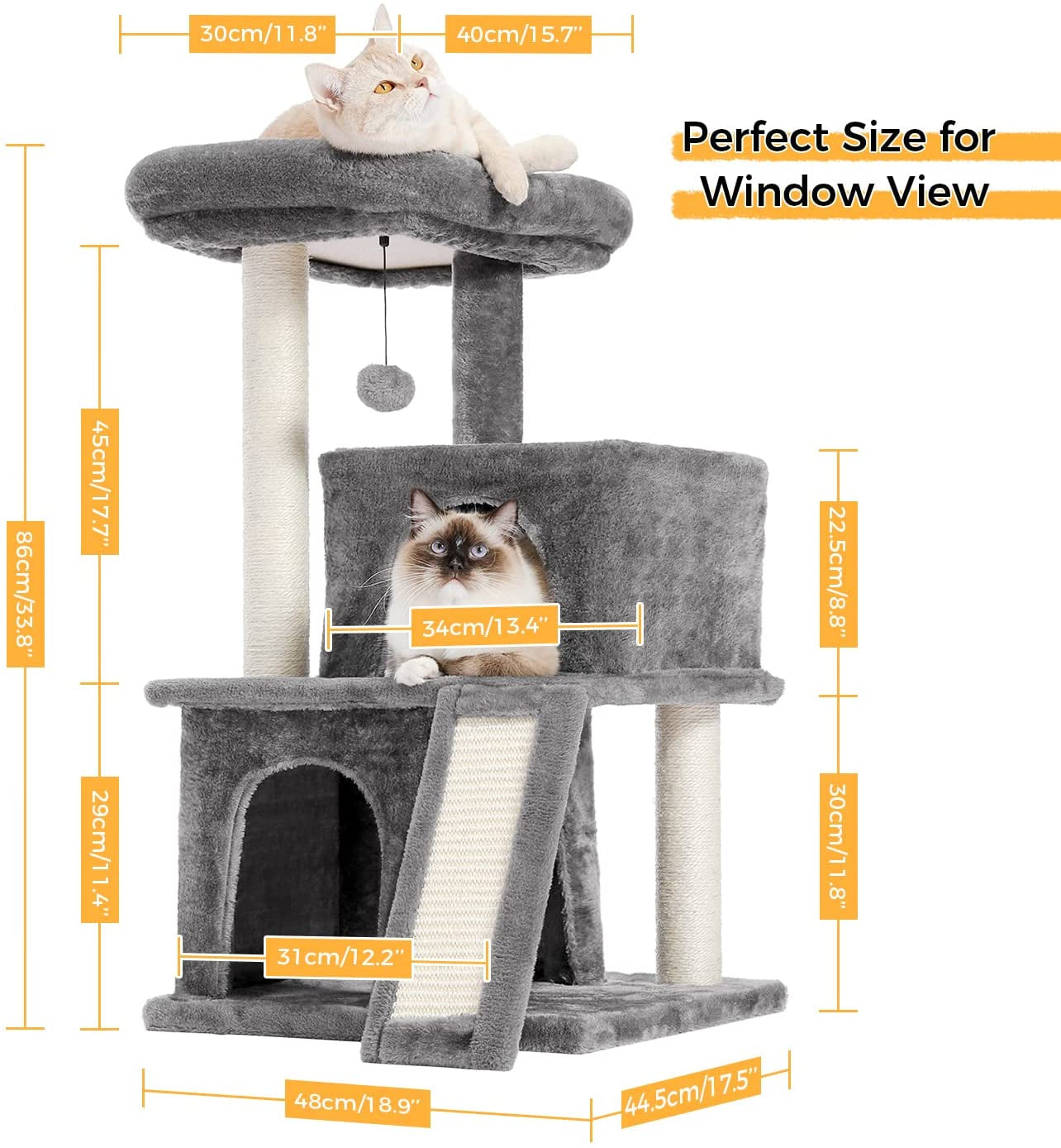 34 Inches Cat Tree, Multilevel Cat Tower with Double Condos, Spacious Perch, Fully Wrapped Scratching Sisal Post and Replaceable Dangling Balls