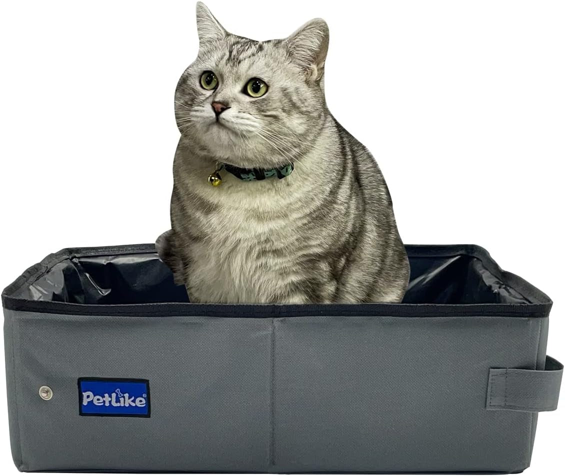 Travel Cat Litter Box, Leak-Proof Portable Litter Box, Collapsible Toilet Tray Carrier for Small Medium Cats (Medium, Light Grey)