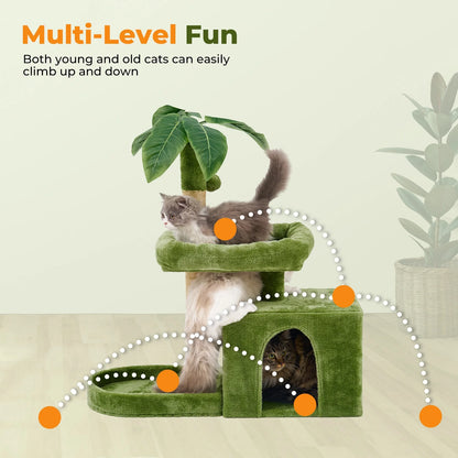 Cat Tower for Indoor Cats with Green Leaves, Cat Condo Cozy Plush Cat House with Hang Ball and Leaf Shape Design, Cat Furniture Pet House with Cat Scratching Posts