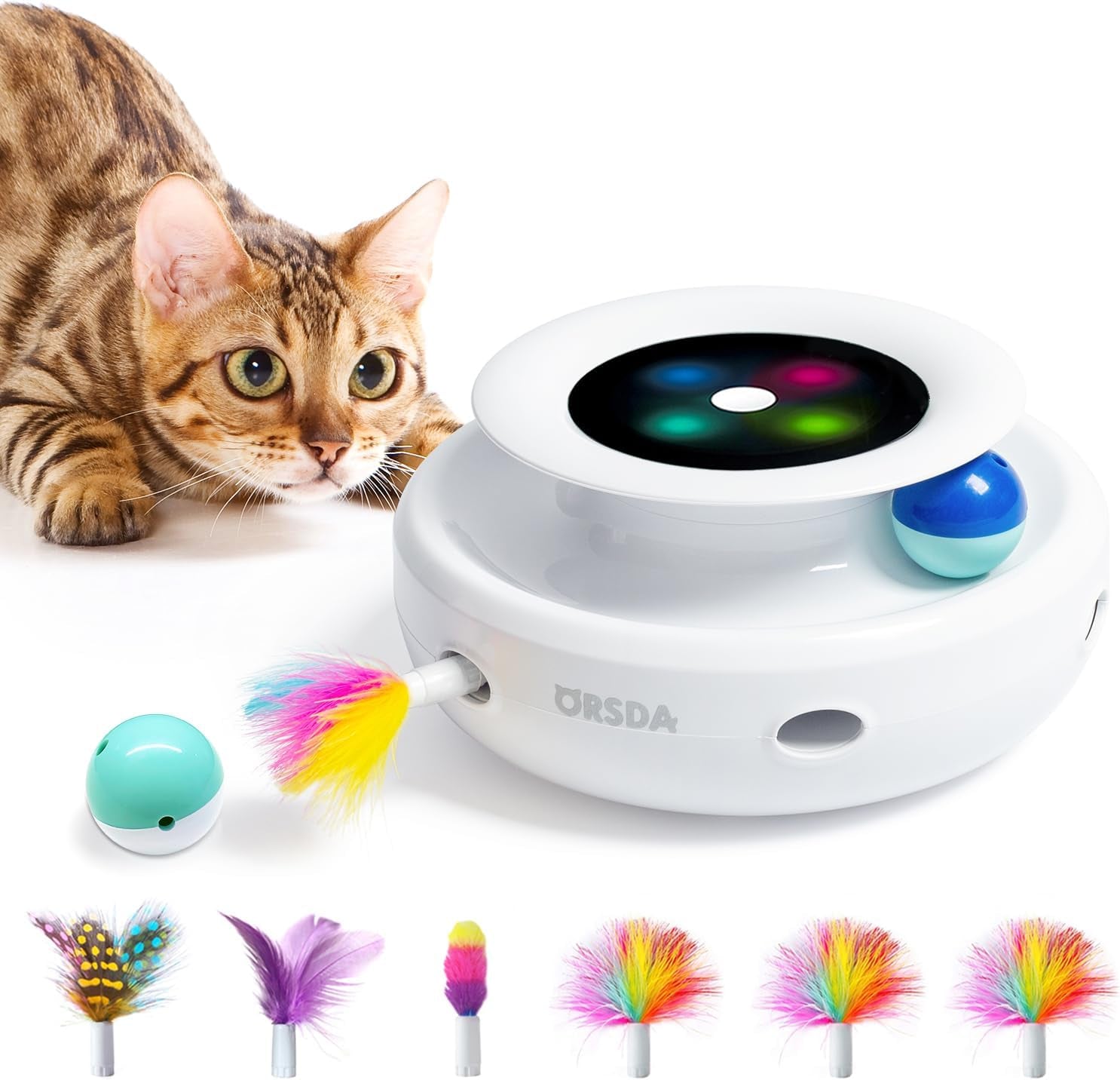 Cat Toys, 2-In-1 Interactive Cat Toys for Indoor Cats, Automatic Cat Toy Balls, Mice Toys Ambush Feather Kitten Toys with 7Pcs Attachments, Dual Power Supplies, Adjustable Speed, Auto On/Off