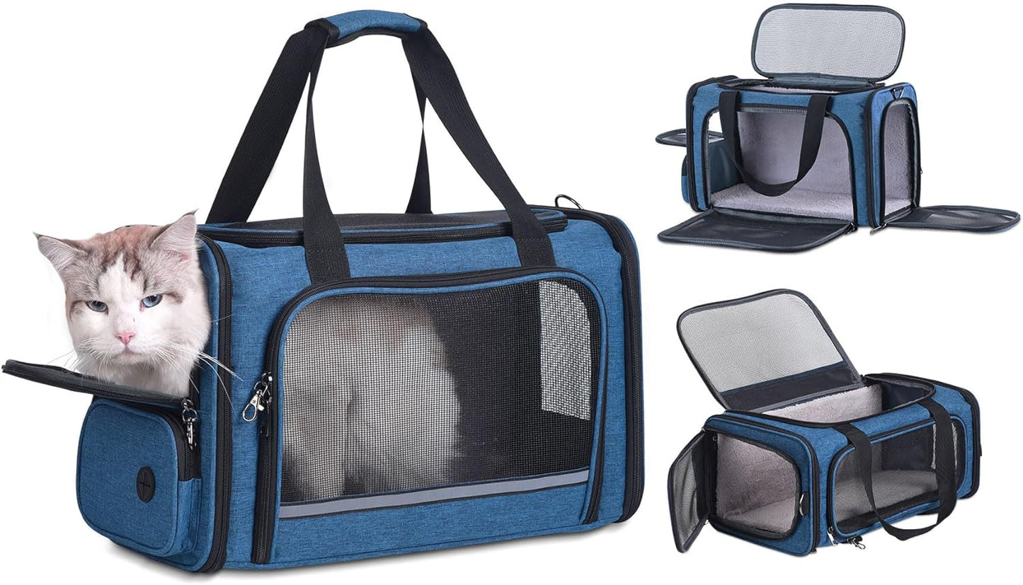 Cat Carrier Pet Travel Carrier by Airplane Approved under Seat, TSA Airline Approved Soft-Sided Carrier Bag for Cat,17.5 X 8.5 X 11 Inches (Blue)