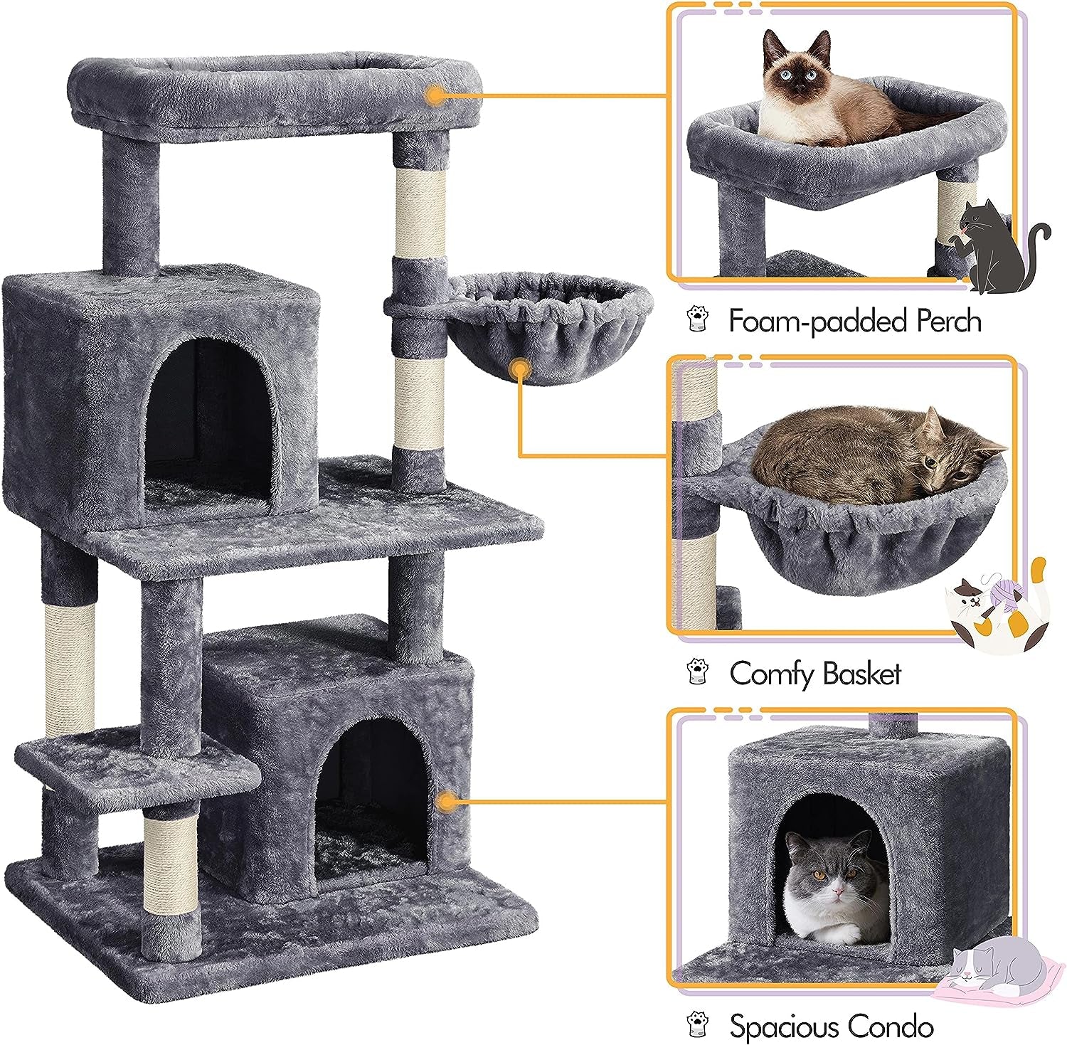 Cat Trees with Scratching Post, Condos, Basket, Top Perch for Indoor Cats