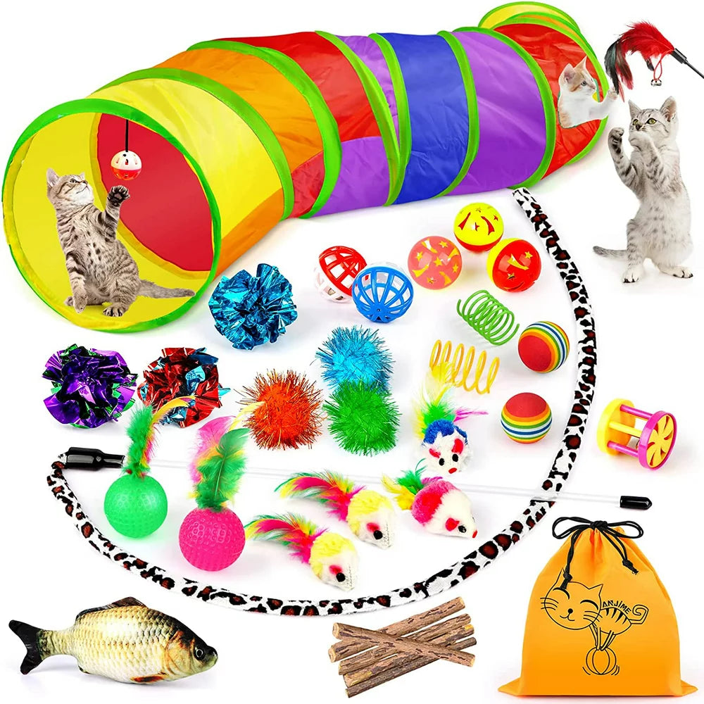 32 PCS Cat Toys Kitten Toys, Variety Catnip Toys with Rainbow Tunnel, Interactive 