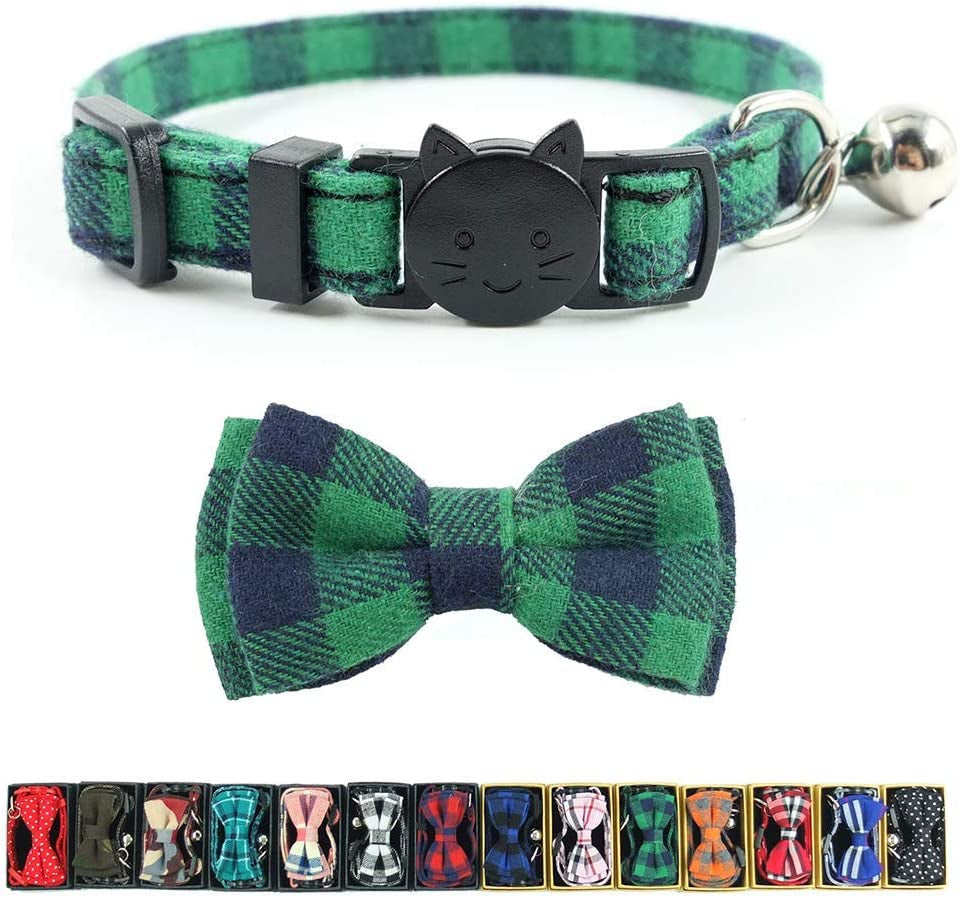 Cat Collar Breakaway with Bell and Bow Tie, Plaid Design Adjustable Safety Kitty Kitten Collars