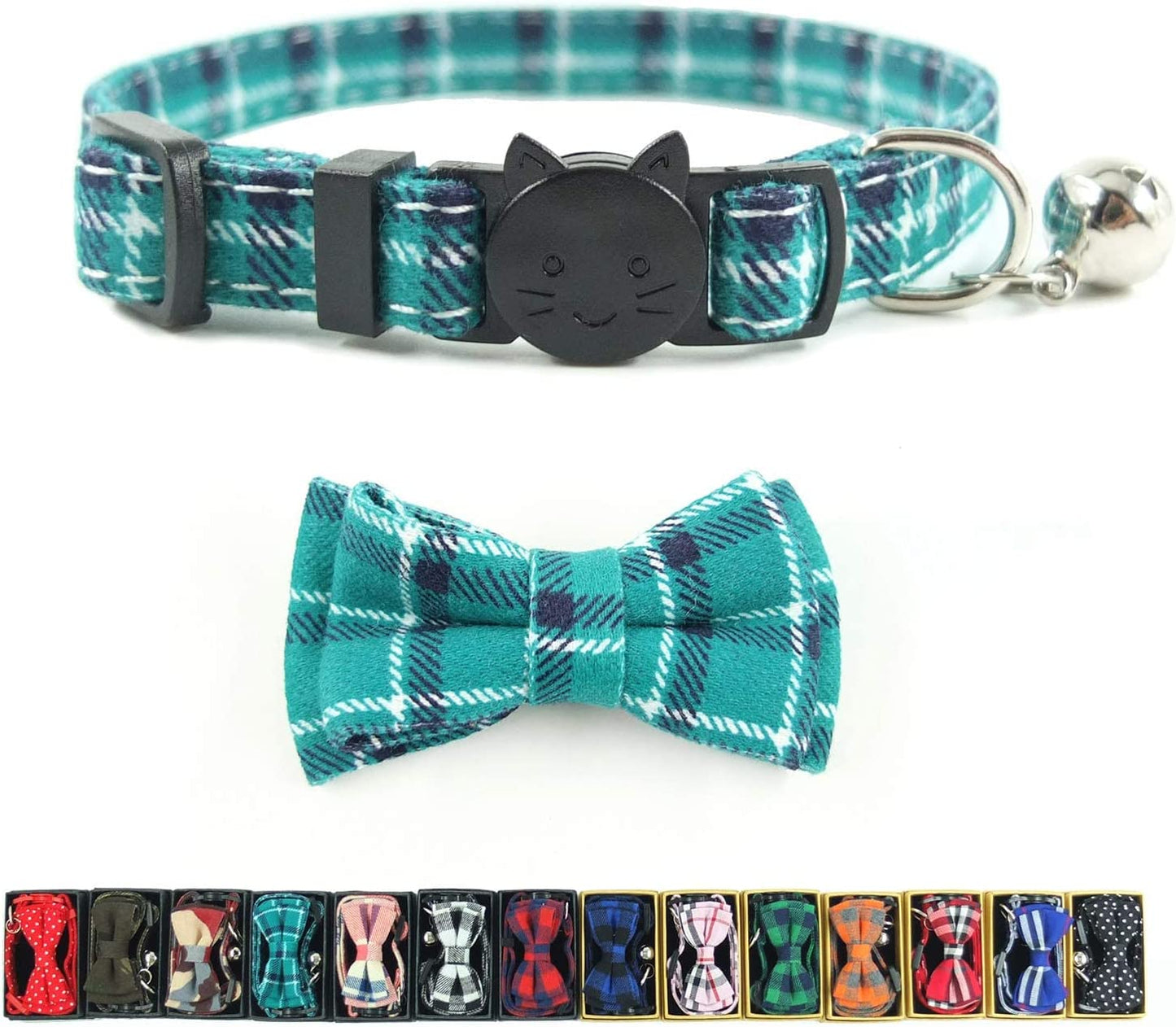 Cat Collar Breakaway with Bell and Bow Tie, Plaid Design Adjustable Safety Kitty Kitten Collars