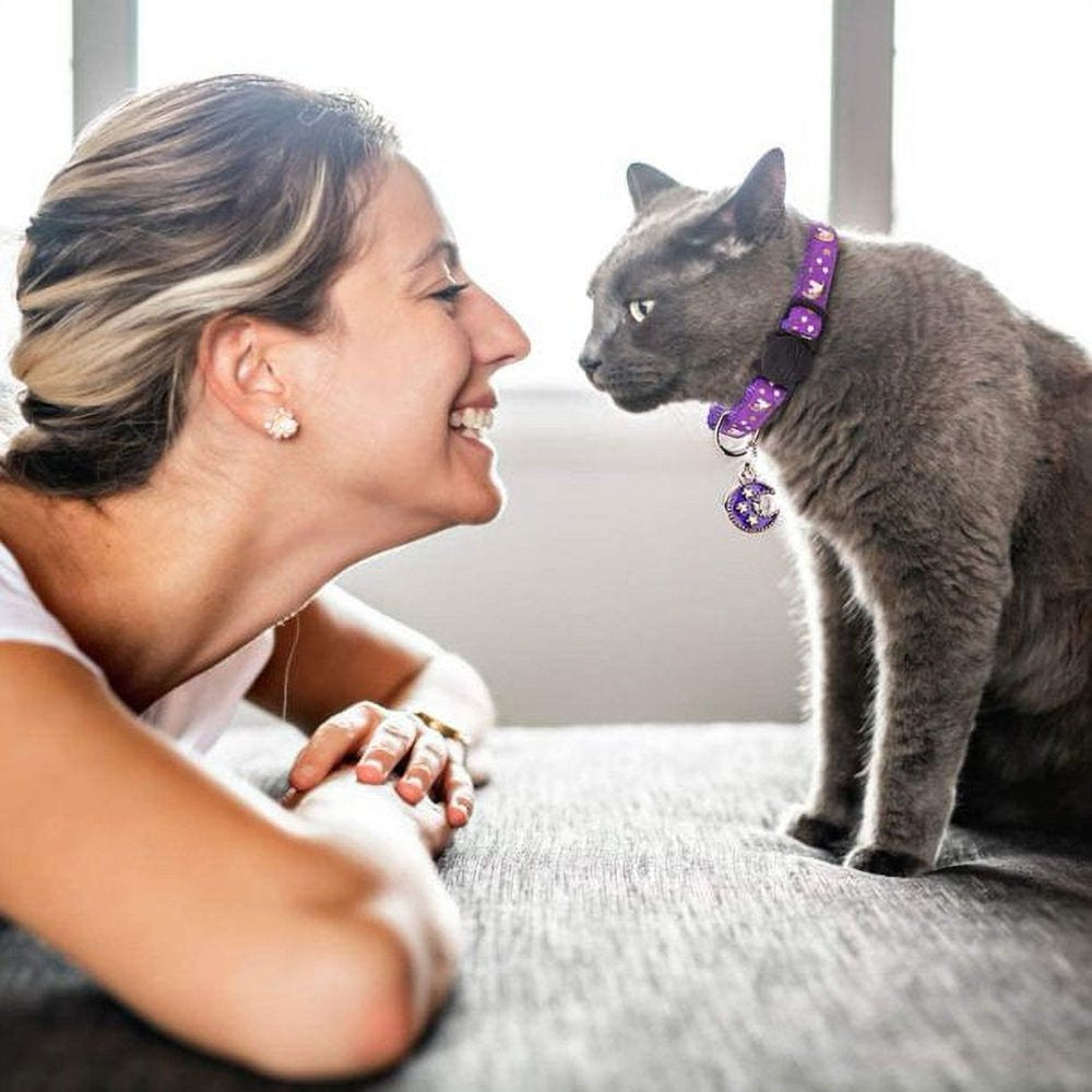 2 Separate Cat Collars, with Clock, Moon and Stars, Adjustable Kitten Collars, with Pendants, Glow in the Dark