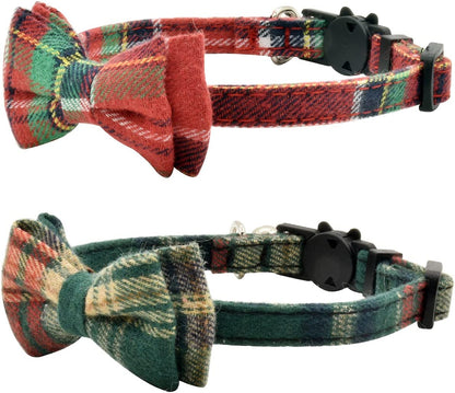 Cat Collar Breakaway with Bell and Bow Tie, Plaid Design Adjustable Safety Kitty Kitten Collars