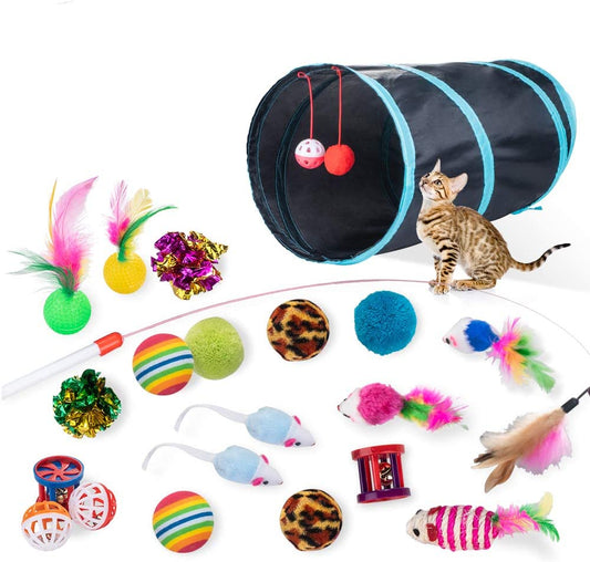 21Pcs  Interactive Cat Toys for Indoor Cats Assortments-2 or 3 Way Hole Cat Tunnel, Feather Wand for Indoor & Outdoor Playing