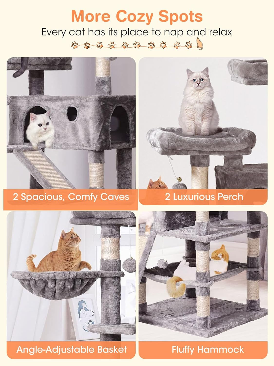 Cat Tree Cat Tower 70.1 In, Multi Level Cat Scratching Post with Condos, Ladders, Basket, Hammock & Plush Perches for Kittens