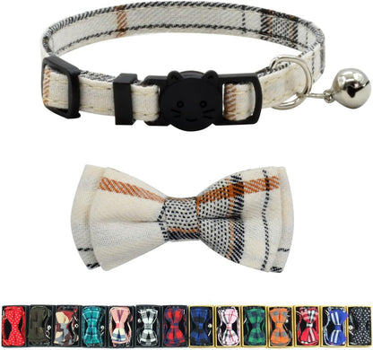 Cat Collar Breakaway with Bell and Bow Tie, Plaid Design Adjustable Safety Kitty Kitten Collars