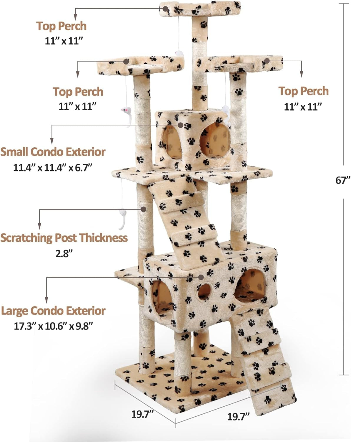 67” Tall Cat Trees and Towers with Scratching Posts, Condos,  Hammock Resting Perch, Indoor Pet Activity Furniture Play House for Large Cats 