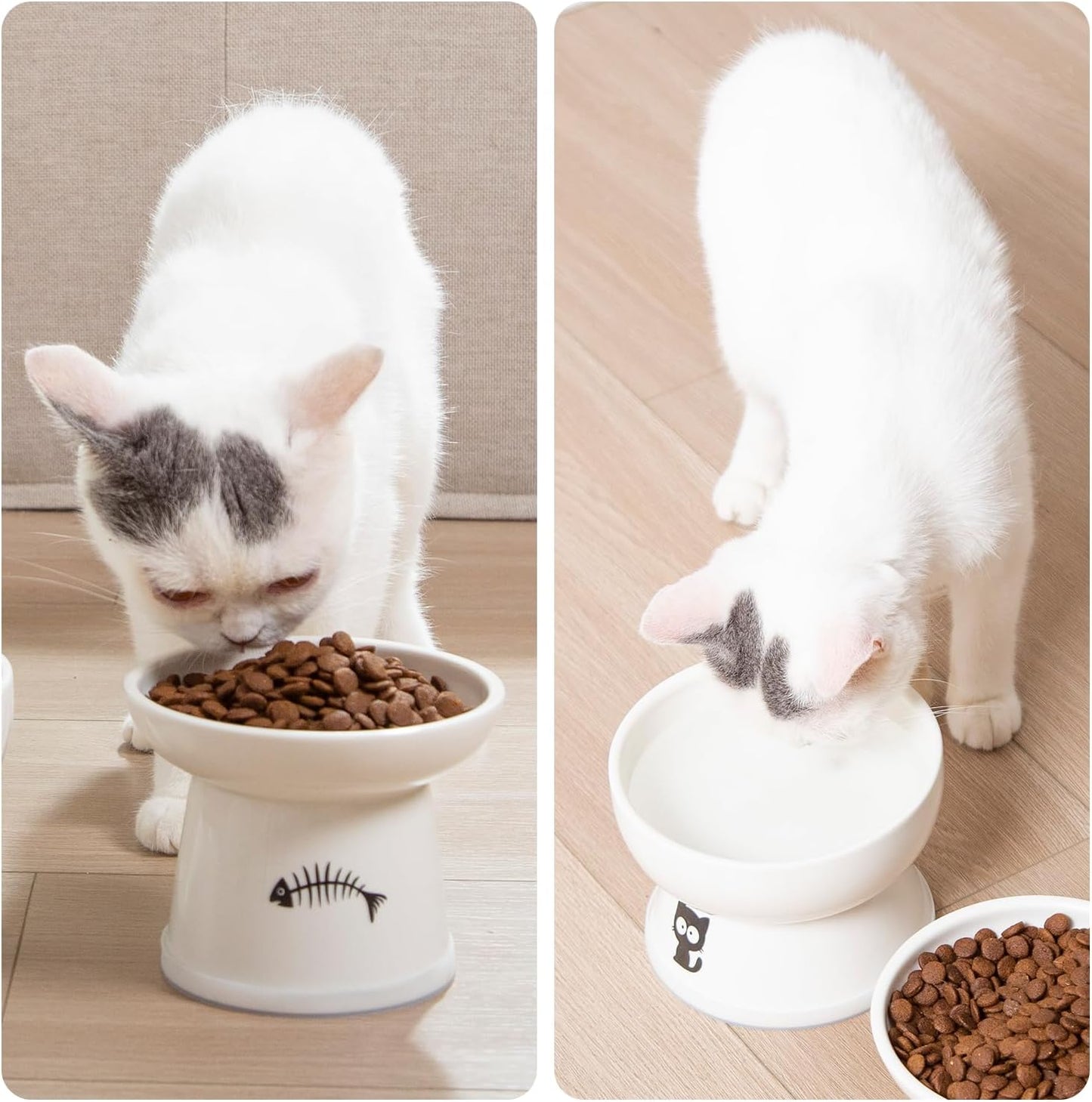 Raised Cat Food and Water Bowl Set, Whisker Friendly Elevated Ceramic Cats Feeder Bowls with anti Slip Ring, Anti-Vomiting Shallow High Porcelain Pet Kitten Dish