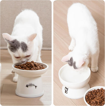 Raised Cat Food and Water Bowl Set, Whisker Friendly Elevated Ceramic Cats Feeder Bowls with anti Slip Ring, Anti-Vomiting Shallow High Porcelain Pet Kitten Dish