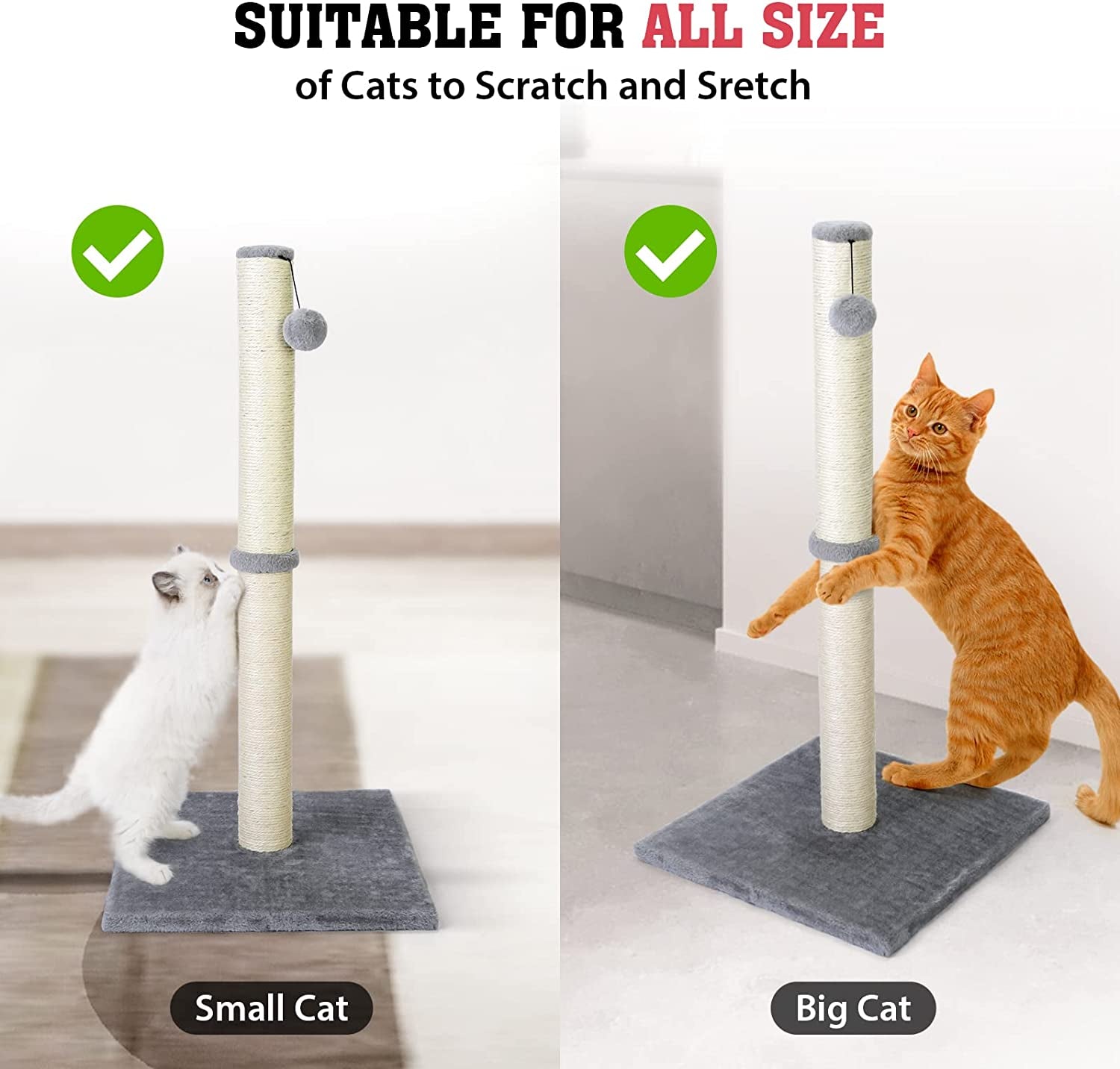 31'' Tall Cat Scratching Post - Cat Claw Scratcher with Hanging Ball - Scratching Posts for Indoor Large Cats 