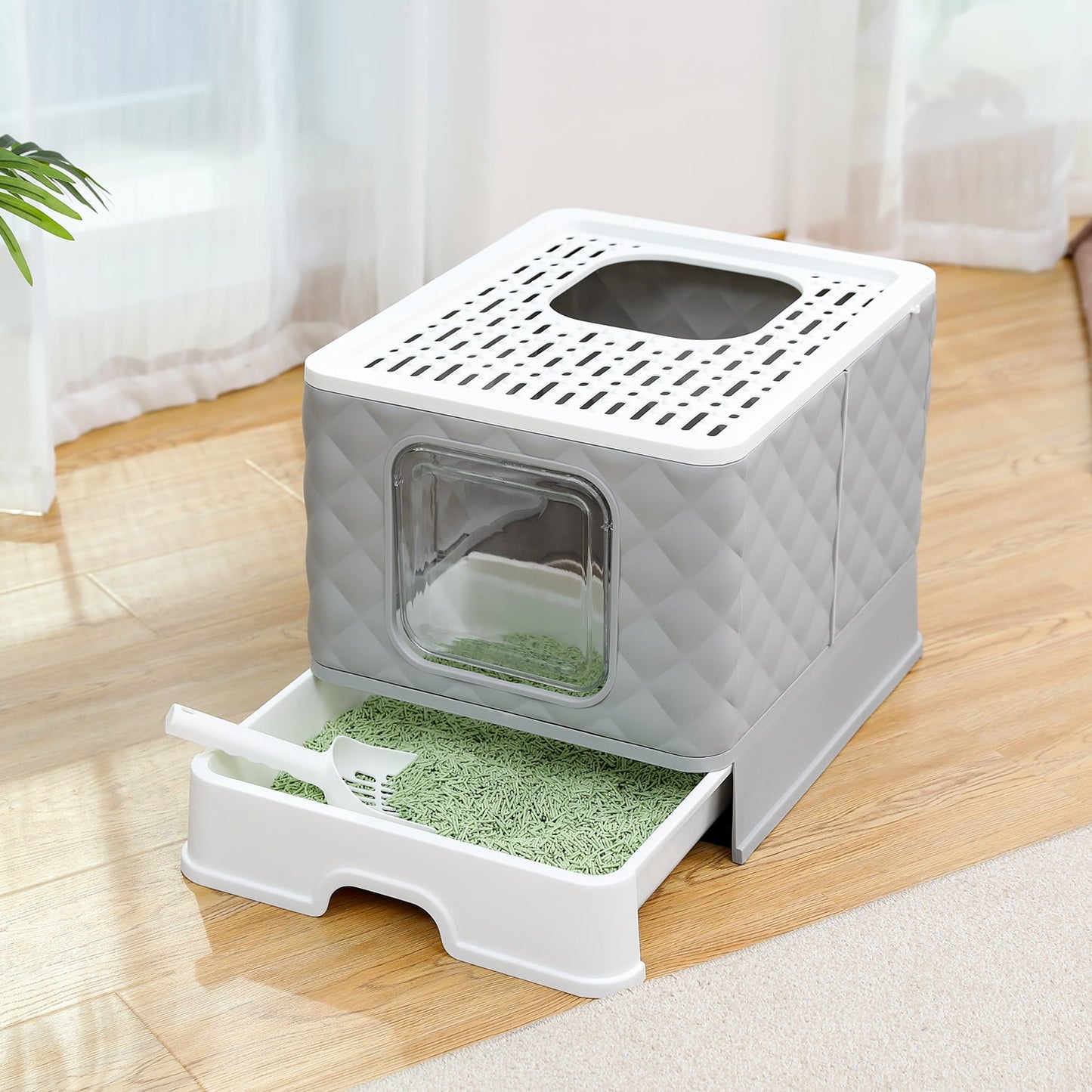 Enclosed Cat Litter Box Large with Lid Drawer Type Easy to Clean,Gray