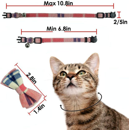 Cat Collar Breakaway with Bell and Bow Tie, Plaid Design Adjustable Safety Kitty Kitten Collars