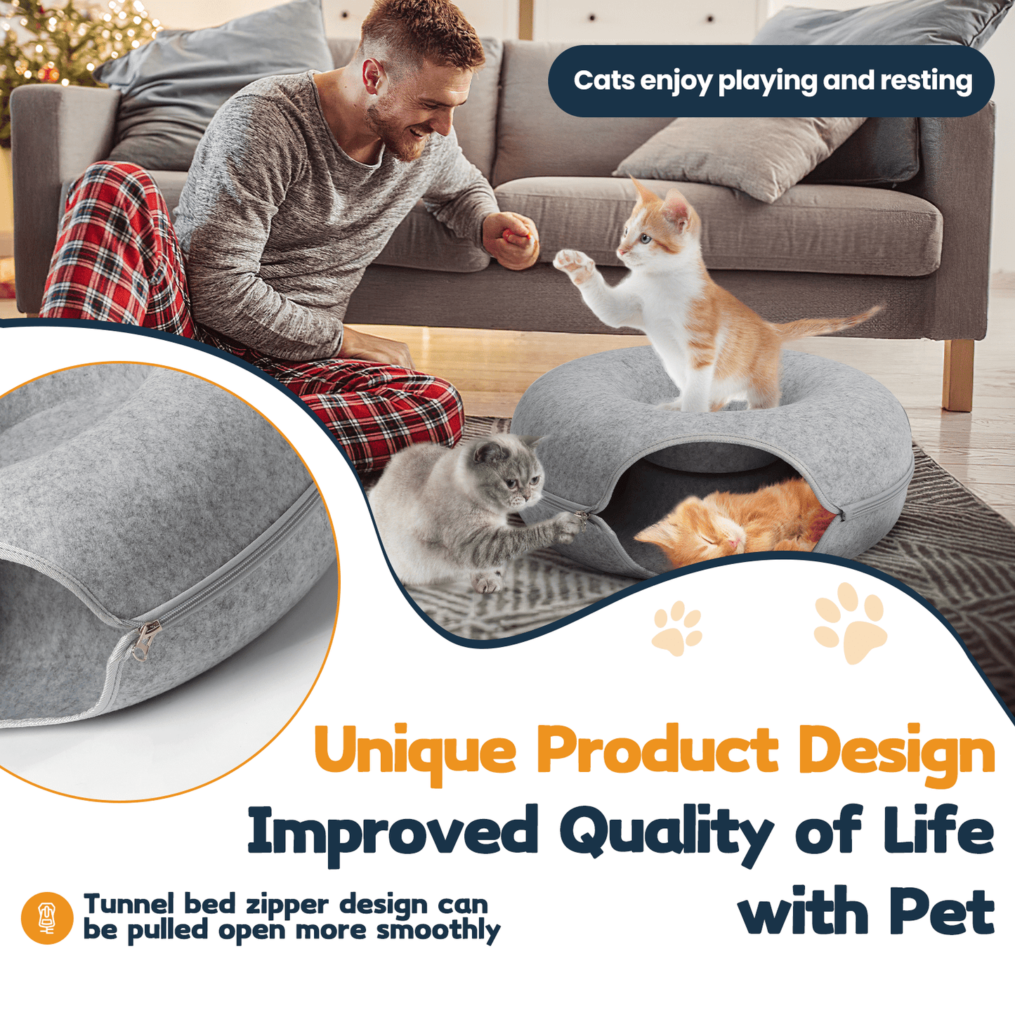 Cat Tunnel Bed,Peekaboo Cat Cave,Detachable Tunnels for Indoor Cats