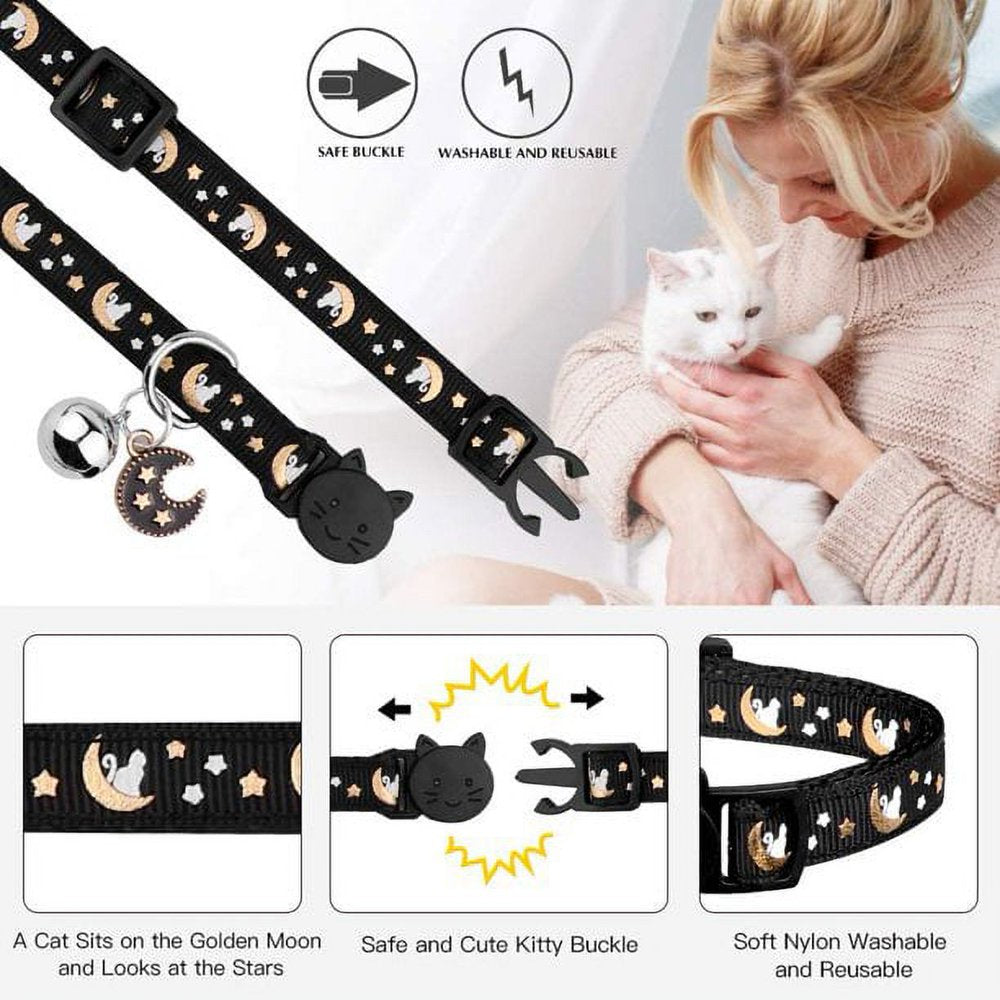 2 Separate Cat Collars, with Clock, Moon and Stars, Adjustable Kitten Collars, with Pendants, Glow in the Dark