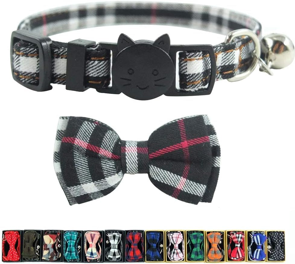 Cat Collar Breakaway with Bell and Bow Tie, Plaid Design Adjustable Safety Kitty Kitten Collars