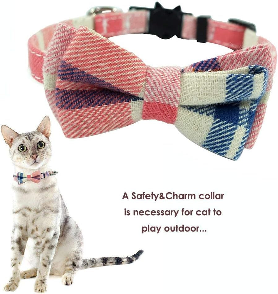 Cat Collar Breakaway with Bell and Bow Tie, Plaid Design Adjustable Safety Kitty Kitten Collars