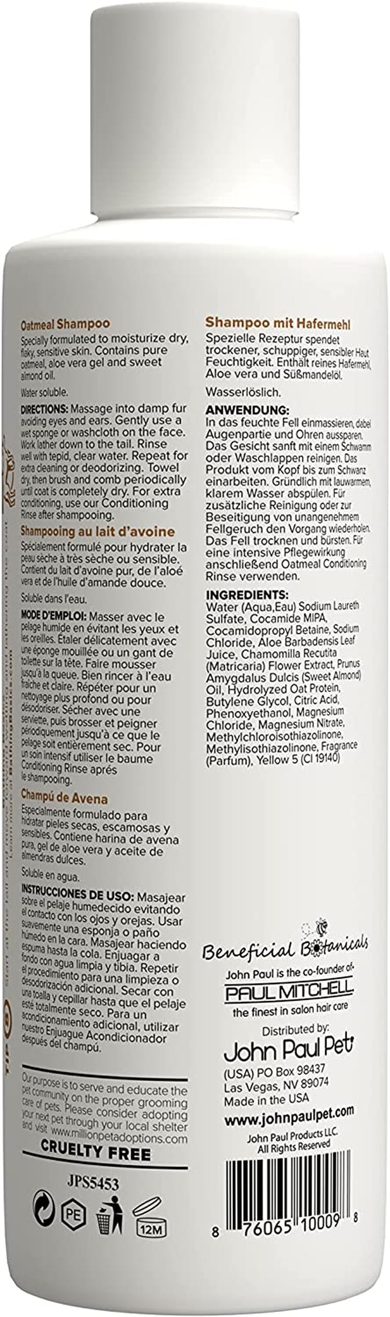 Oatmeal Shampoo - Grooming for Cats, Soothe Sensitive Skin Formula with Aloe for Itchy Dryness for Pets, Ph Balanced, Cruelty Free, Paraben Free, Made in USA