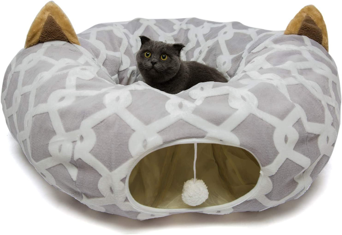 Large Cat Tunnel Bed with Plush Cover,Fluffy Toy Balls, Small Cushion and Flexible Design