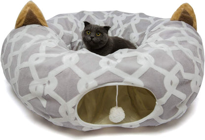 Large Cat Tunnel Bed with Plush Cover,Fluffy Toy Balls, Small Cushion and Flexible Design