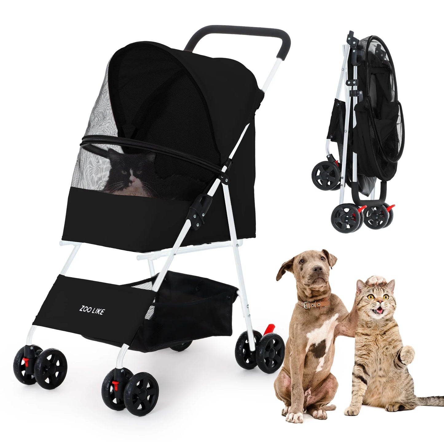 Cat Cage Stroller, Travel Folding Carrier, Foldable Carrier Strolling Cart for Small Medium Cat W/ Storage Basket