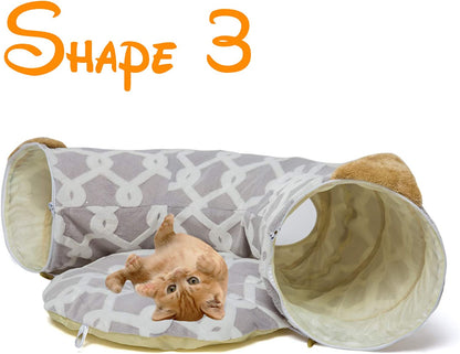 Large Cat Tunnel Bed with Plush Cover,Fluffy Toy Balls, Small Cushion and Flexible Design