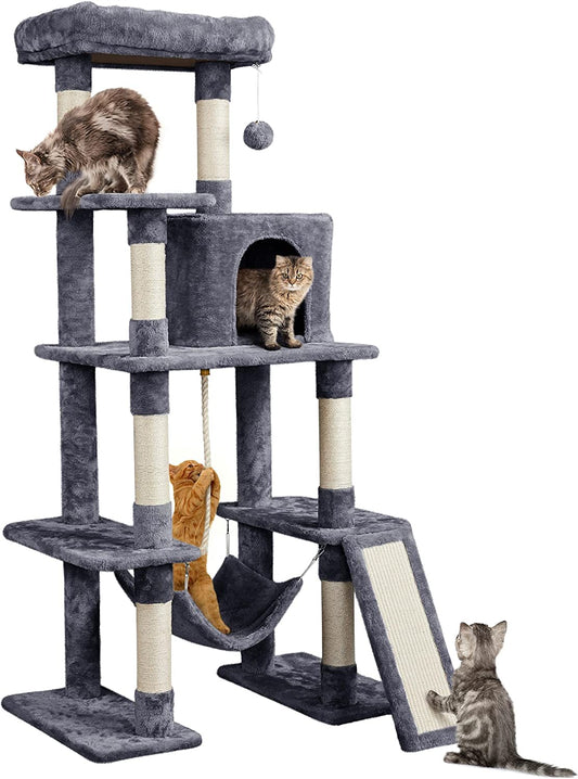 Large Multi-Level Cat Tree, 63 Inches Tall with Sisal-Covered Scratching Posts, Condo, Hammock, Dangling Ball, and Extended Platform for Cats to Play and Sleep