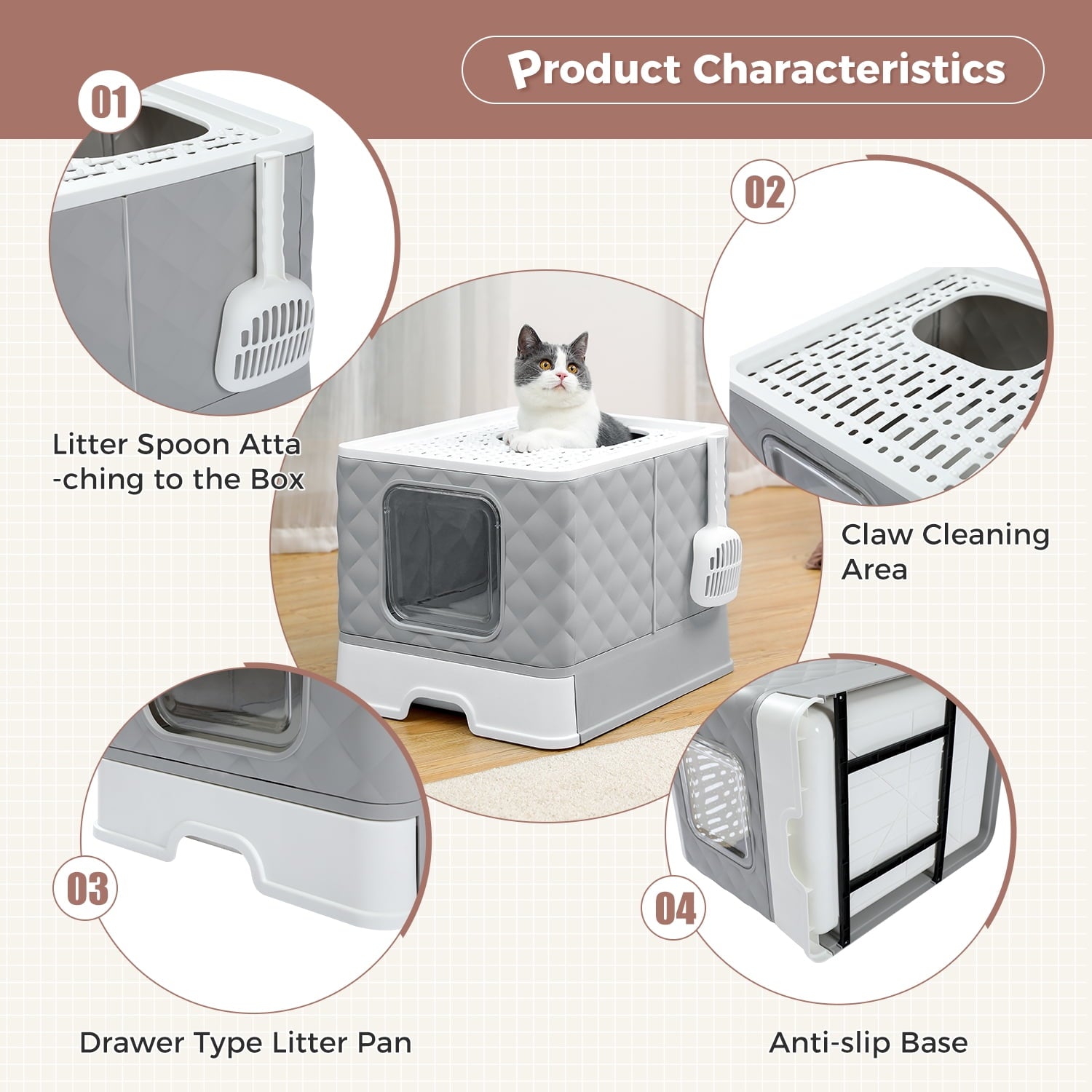 Enclosed Cat Litter Box Large with Lid Drawer Type Easy to Clean,Gray