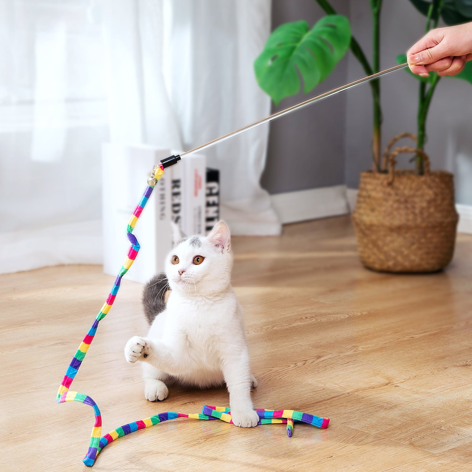 Interactive Cat Feather Toys for Indoor Cats, 2 Retractable Cat Teaser Wand and 1 Rainbow Wand with 9 Refills and 2 Spare Hook(14 Pack)