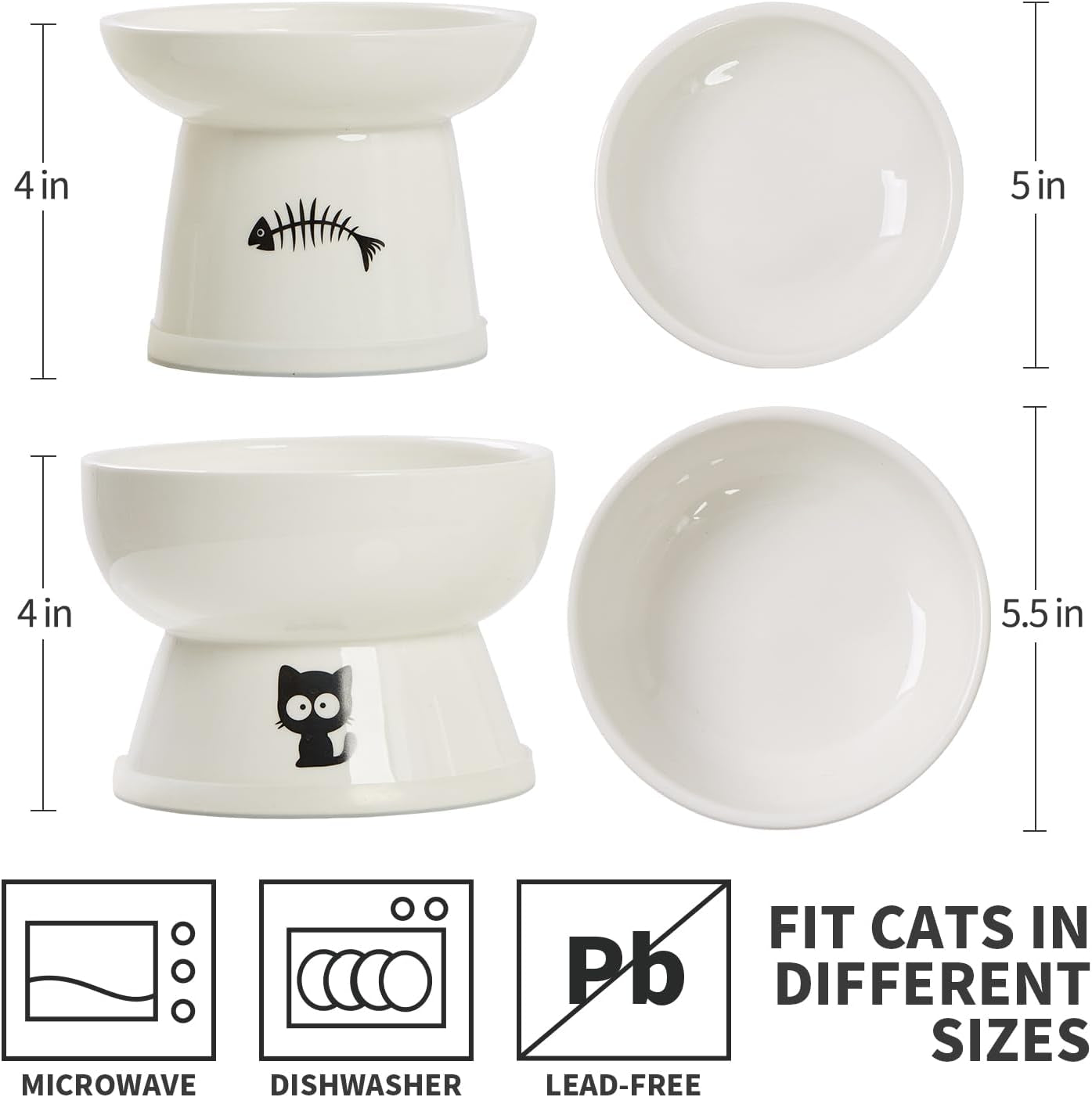 Raised Cat Food and Water Bowl Set, Whisker Friendly Elevated Ceramic Cats Feeder Bowls with anti Slip Ring, Anti-Vomiting Shallow High Porcelain Pet Kitten Dish