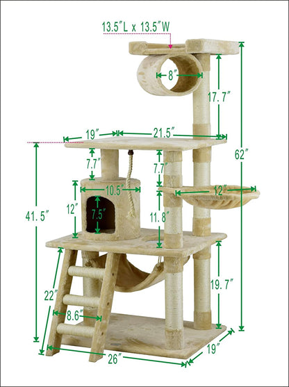 Classic Cat Tree, Faux Fur Finish, Sisal Rope Scratcher, 62"H