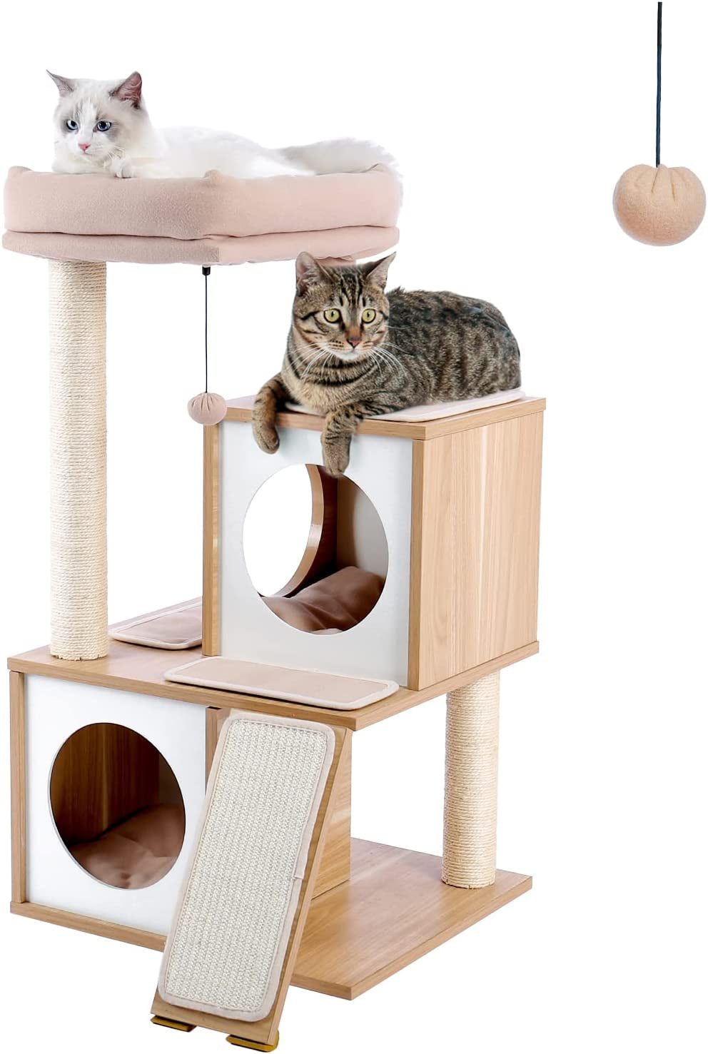 Cat Tree 35 Inches Wooden Cat Tower with Double Condos, Spacious Perch, Fully Wrapped Scratching Sisal Posts and Replaceable Dangling Balls-Walnut