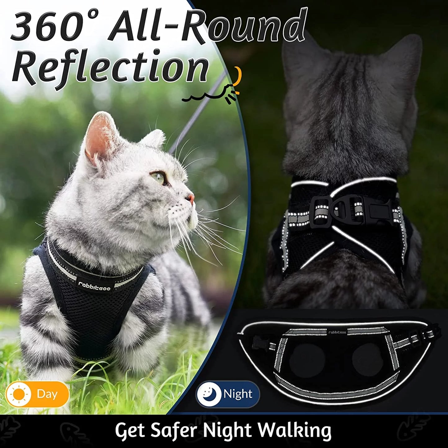 Cat Harness and Leash Set for Walking Escape Proof, Adjustable Soft Kittens Vest with Reflective Strip for Small Cats, Comfortable Outdoor Vest