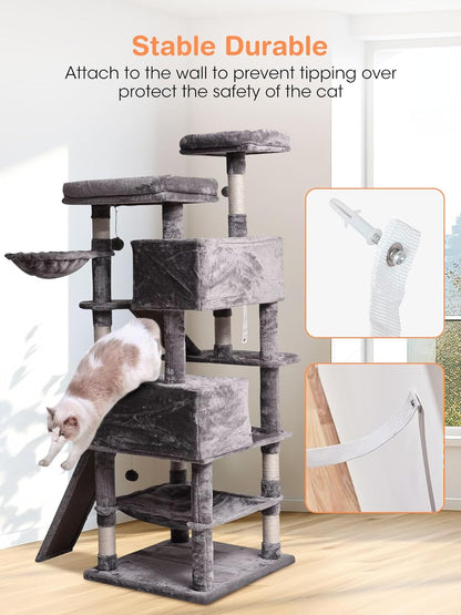 Cat Tree Cat Tower 70.1 In, Multi Level Cat Scratching Post with Condos, Ladders, Basket, Hammock & Plush Perches for Kittens