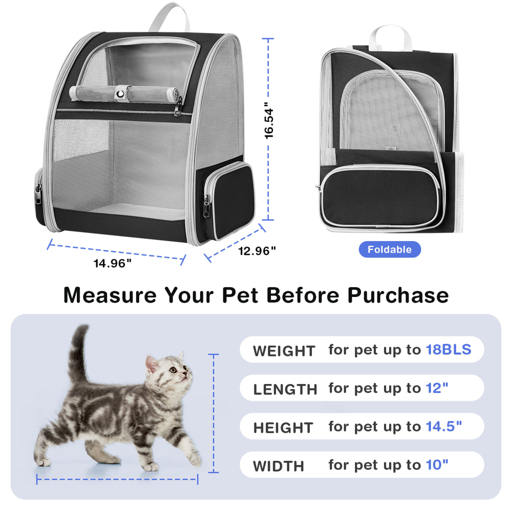 Pet Carrier Backpack Cat Backpack Carrier for Small Cats up to 18Lbs, Airline-Approved Ventilated Foldable Dog Carrier Backpack with Safety Leash Side Snack Pocket for Outdoor, Black