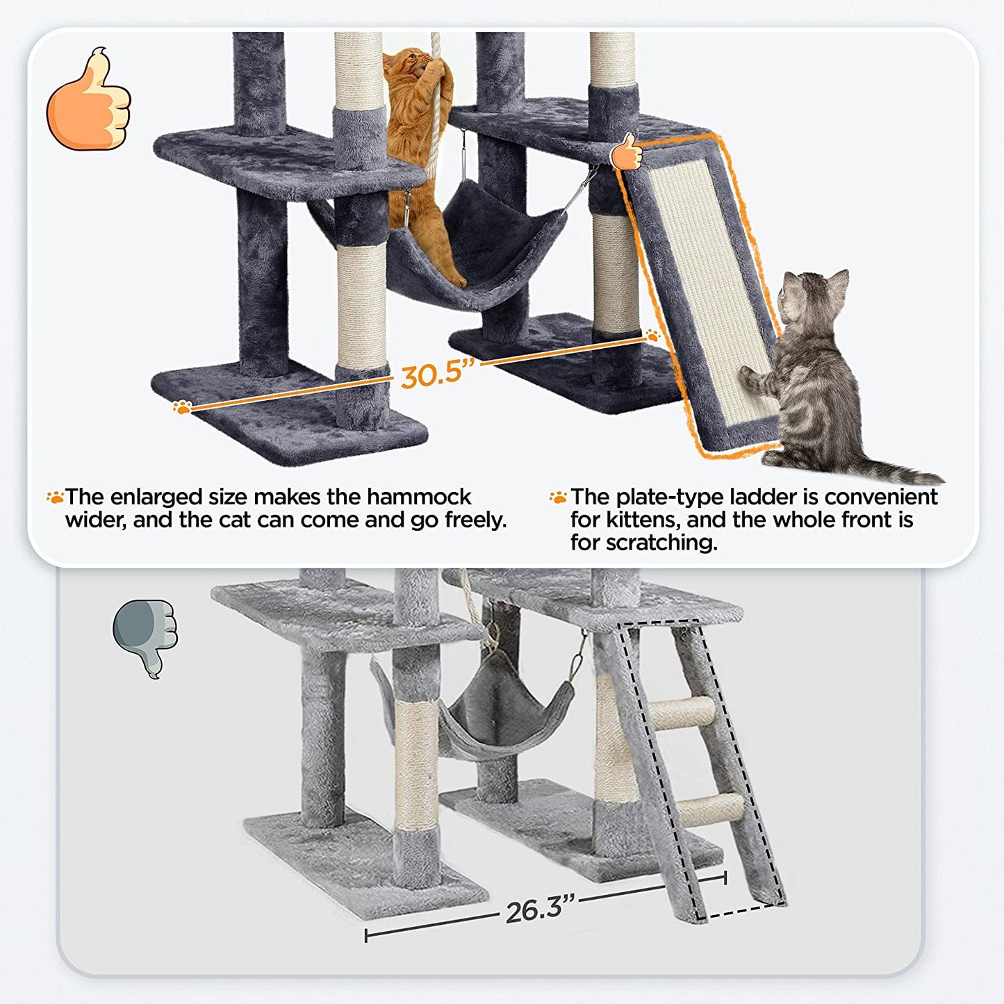 Large Multi-Level Cat Tree, 63 Inches Tall with Sisal-Covered Scratching Posts, Condo, Hammock, Dangling Ball, and Extended Platform for Cats to Play and Sleep