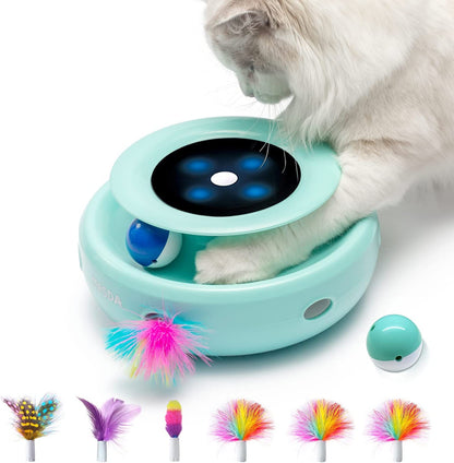 Cat Toys, 2-In-1 Interactive Cat Toys for Indoor Cats, Automatic Cat Toy Balls, Mice Toys Ambush Feather Kitten Toys with 7Pcs Attachments, Dual Power Supplies, Adjustable Speed, Auto On/Off