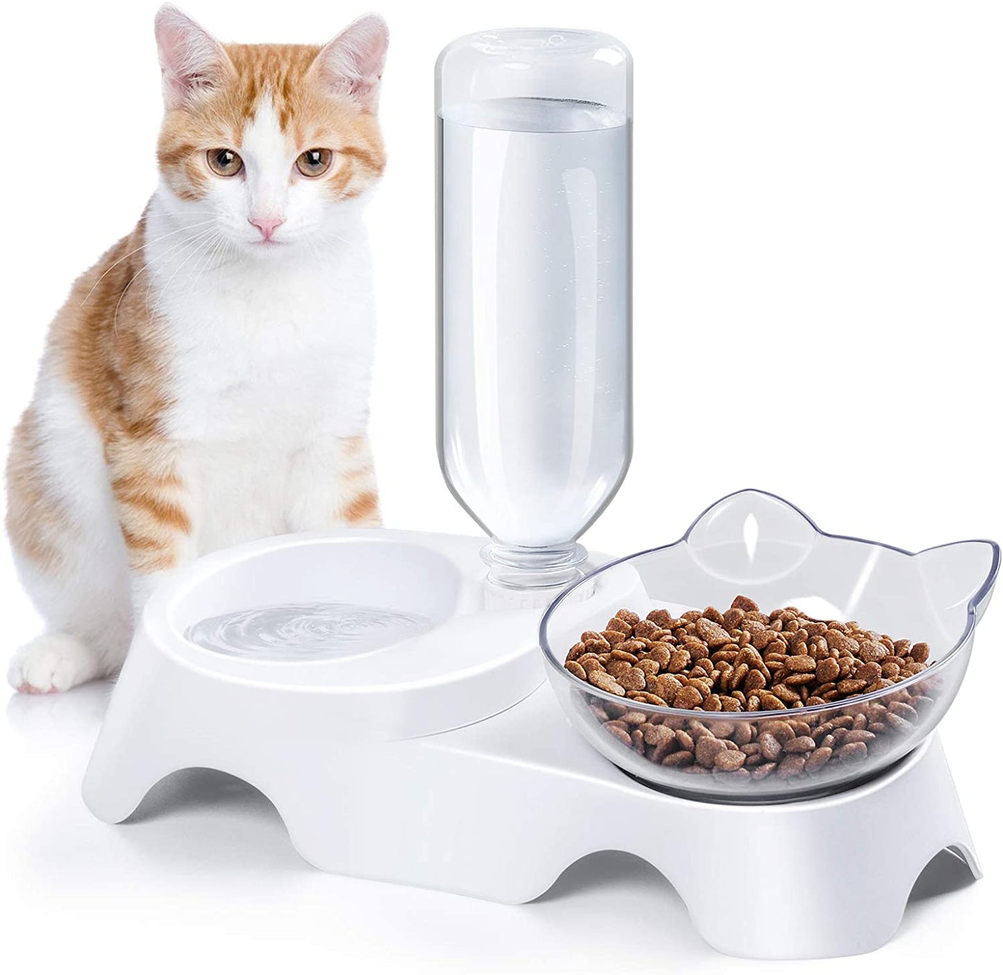 Double Cat Bowls - Pets Water and Food Bowl Set, 15°Tilted Water and Food Bowl Set with Automatic Waterer Bottle for Small or Medium Size Cats