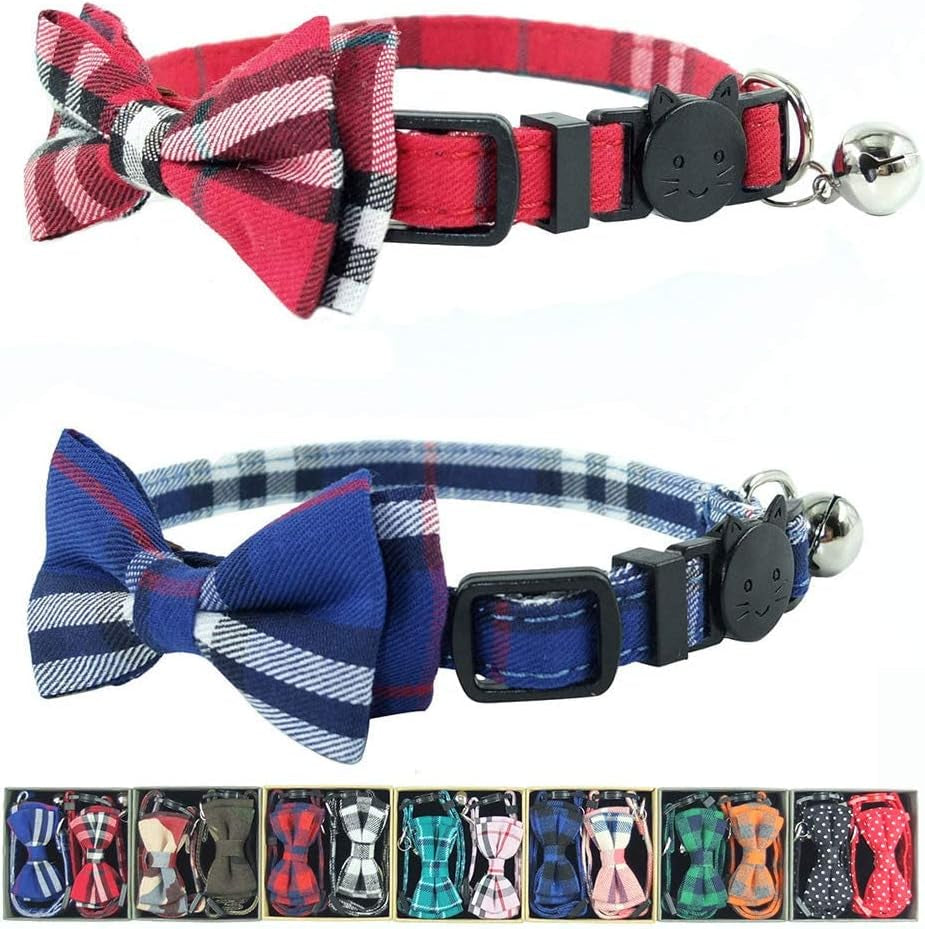 Cat Collar Breakaway with Bell and Bow Tie, Plaid Design Adjustable Safety Kitty Kitten Collars