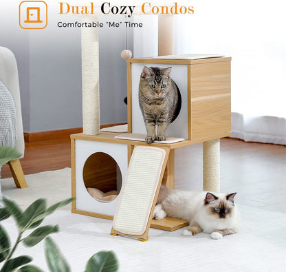 Cat Tree 35 Inches Wooden Cat Tower with Double Condos, Spacious Perch, Fully Wrapped Scratching Sisal Posts and Replaceable Dangling Balls-Walnut