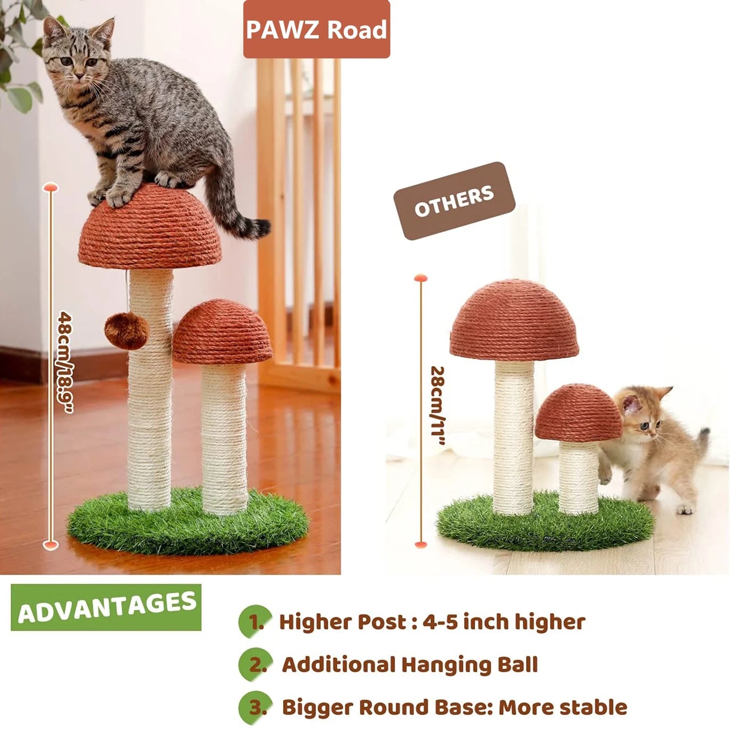 2 Mushrooms Cat Scratching Post 19" Sisal Claw Scratcher for Kittens and Small Cats