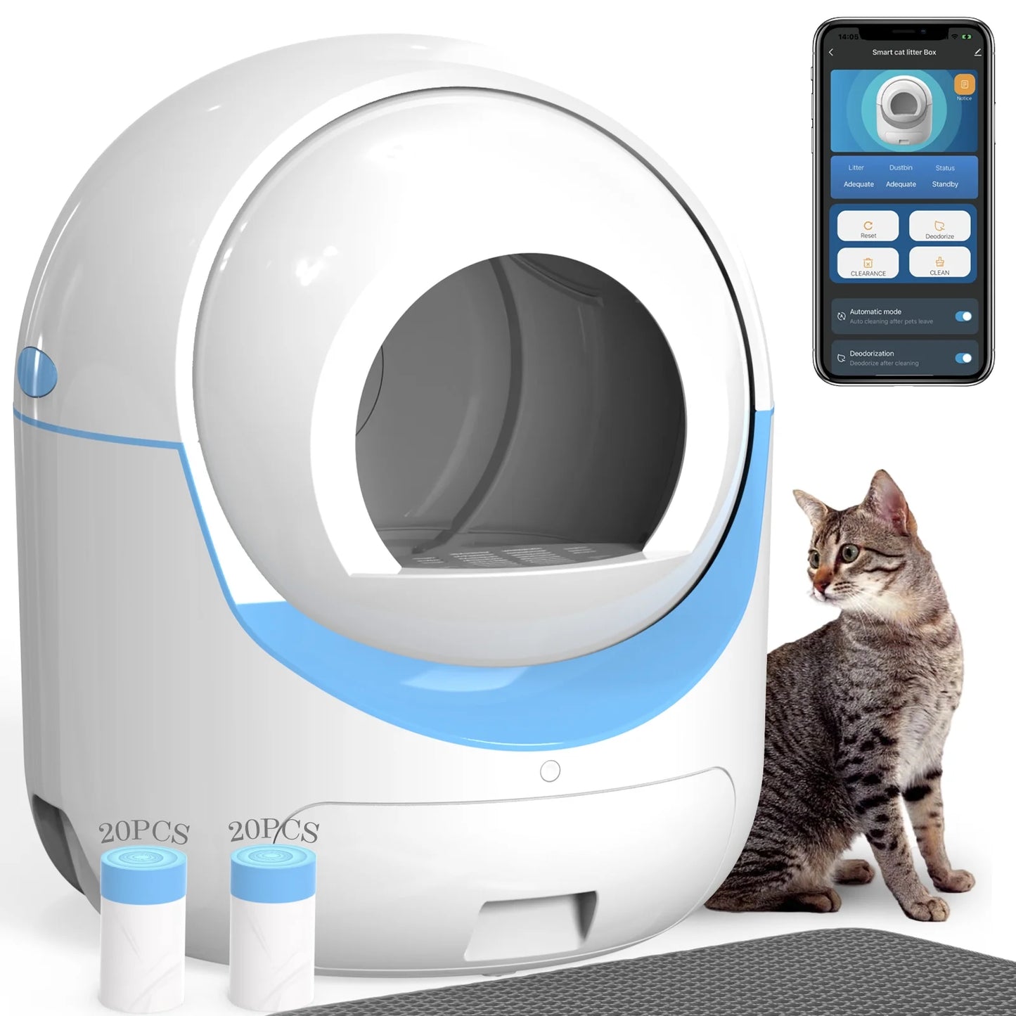 Self Cleaning Cat Litter Box, Automatic Litter Box with 2.4G Wifi APP Control , 40 Litter Liners&Mat