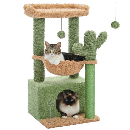 Cat Tree 33" Cute Cactus Cat Scratching Posts Tower with Large Top Perch and Hammock for Medium Indoor Cats, Green