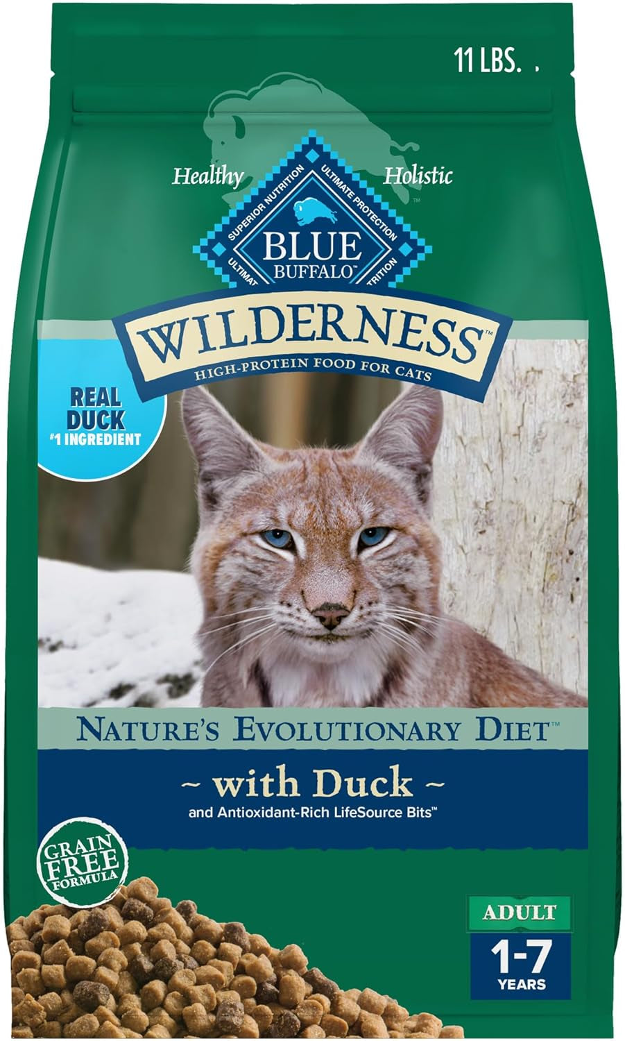 Wilderness Healthy Adult Dry Cat Food, Supports Health and Wellness, High-Protein & Grain-Free, Duck, 11-Lb. Bag