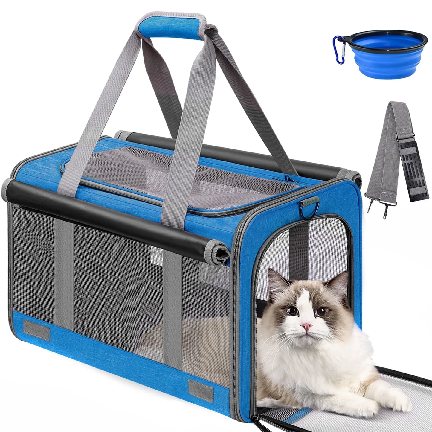 Cat Carrier, Pet Carrier for Large Cats, Soft-Sided Cat Carrier with a Bowl/Front Storage Bag for Small Cats up to 20Lbs