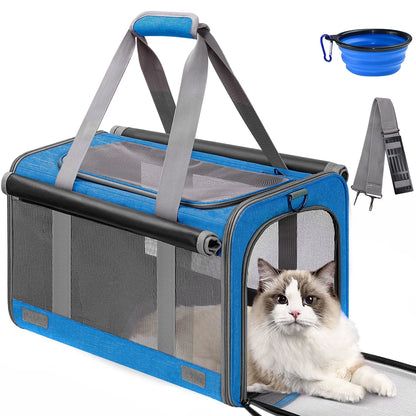 Cat Carrier, Pet Carrier for Large Cats, Soft-Sided Cat Carrier with a Bowl/Front Storage Bag for Small Cats up to 20Lbs